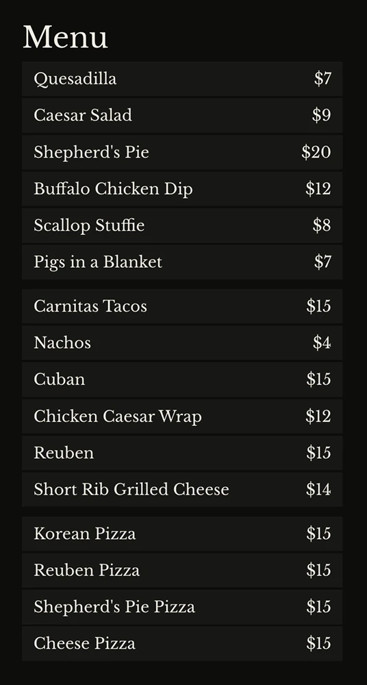 Dillon's menu
